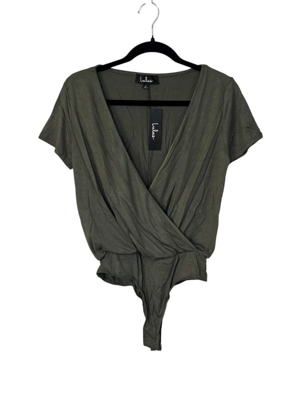 Lulus Women's Marren Olive Green Short Sleeve Surplice Bodysuit Sz S NWT